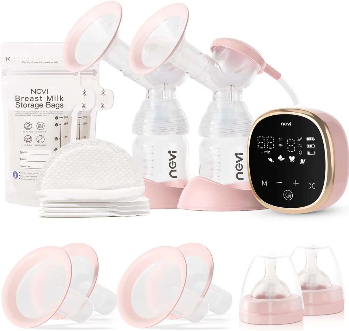 NCVI Double Electric Breast Pump 8782, Portable Anti-Backflow, with 4 Size Flanges, 4 Modes & 9 Levels, LED Display, 10 Breastmilk Storage Bags, Ultra-Quiet and Pain Free Breast Pumps - Image 1